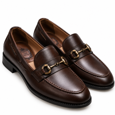 August Brown Horsebit Loafers in rich brown leather with gold horsebit buckle and black cemented sole
