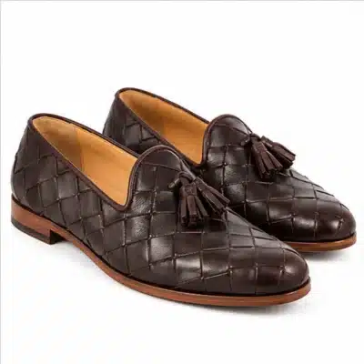 Woven Brown Tassel Loafers for men with basket-weave leather design