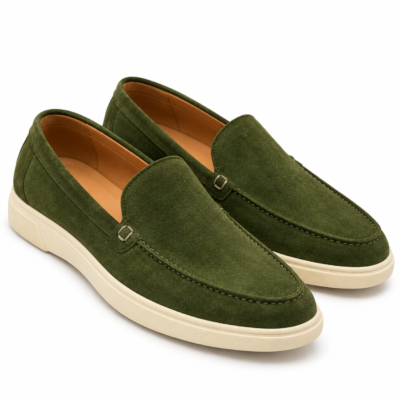 Olive Green Suede Moccasin Loafers stitching, detail and cream rubber sole.