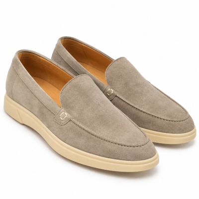 Grey suede moccasin loafers for men with cream sole