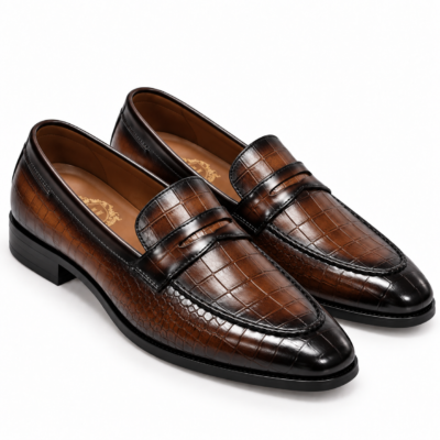 Penny Croc Tan Patina Loafers in crocodile embossed leather with dark brown edges