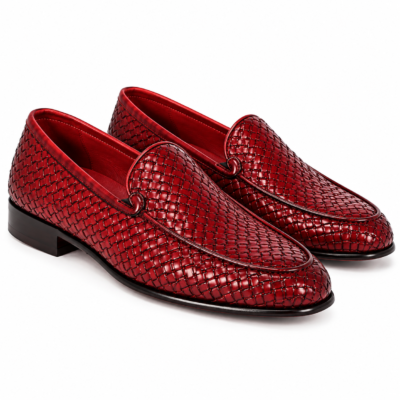 Men's Red Woven Leather Loafers Main View