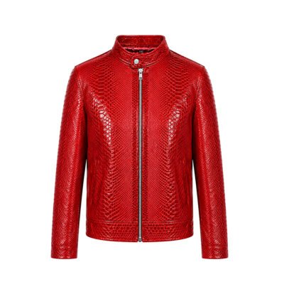 Model wearing a red textured leather jacket, unzipped front view