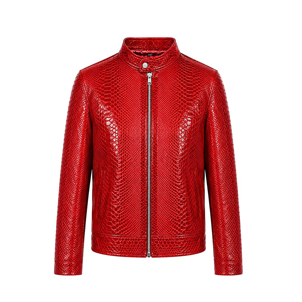 Model wearing a red textured leather jacket, unzipped front view
