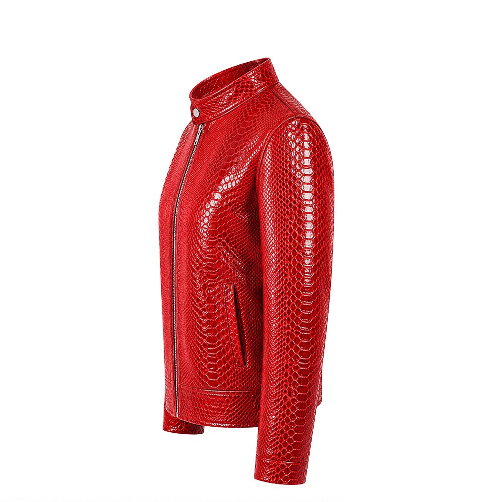 Model wearing a red textured leather jacket, unzipped front view