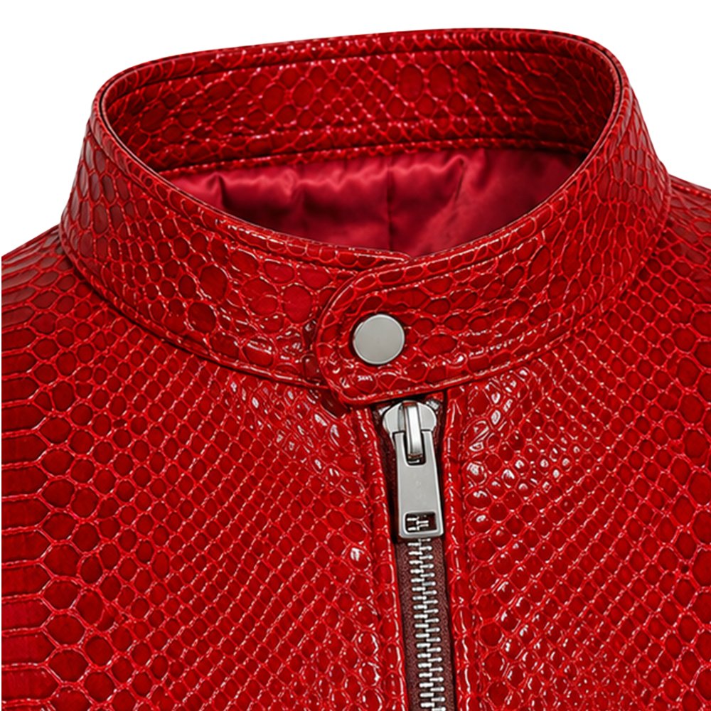 Model wearing a red textured leather jacket, unzipped front view