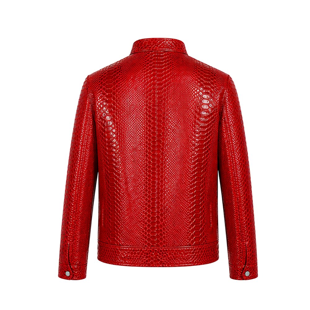Model wearing a red textured leather jacket, unzipped front view