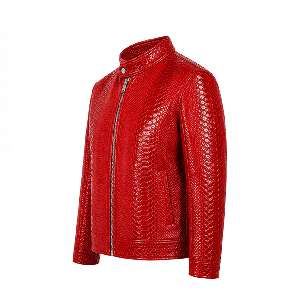 Model wearing a red textured leather jacket, unzipped front view
