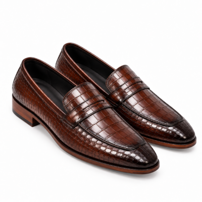 Penny Croc Brown Loafers with two-tone croc textured leather finish