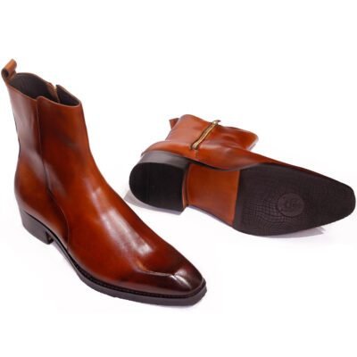 Tan brown zipper chelsea boots handcrafted in pure leather with leather sole and cuban heel