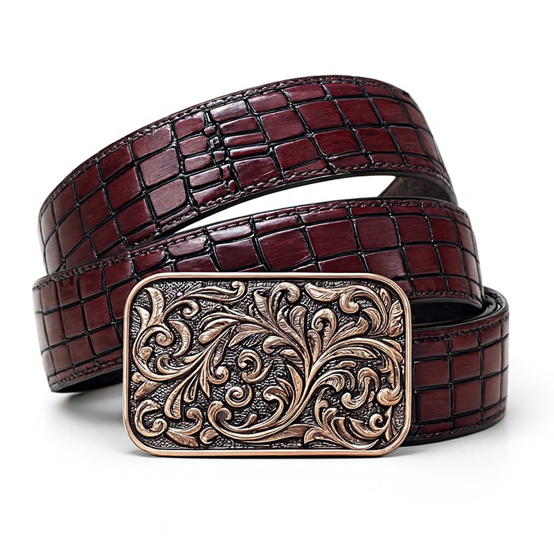 Croc Rouge – Wine Croc Leather Cowboy Belt with Brass Buckle