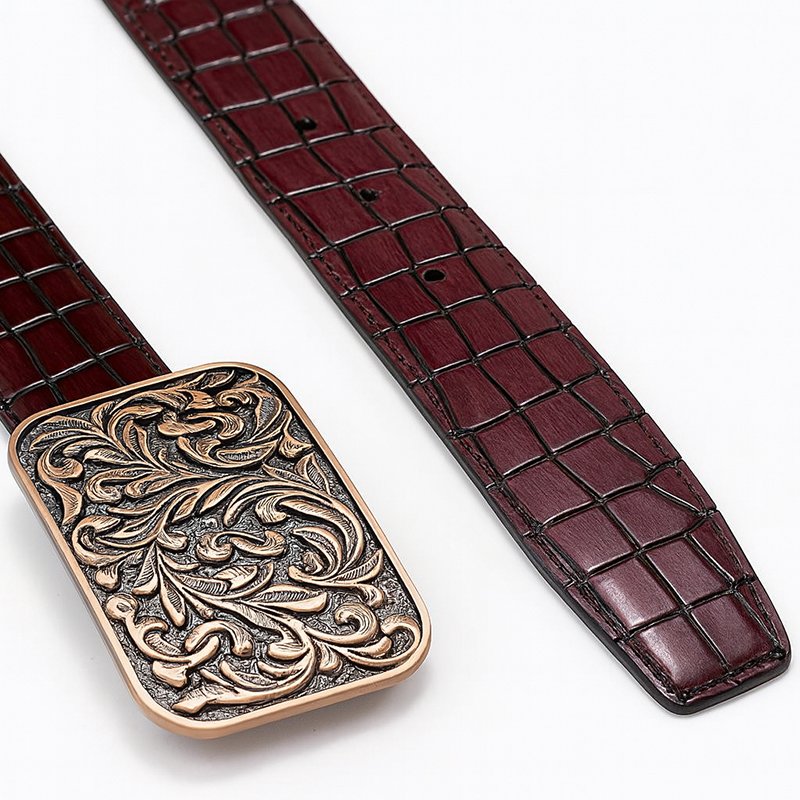 Croc Rouge – Wine Croc Leather Cowboy Belt with Brass Buckle