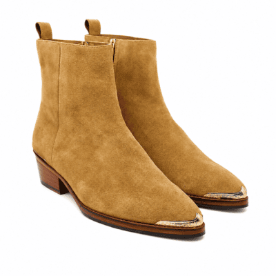 luxury tan suede leather boots handcrafted by Shoebespoke with wood sole and engraved tip