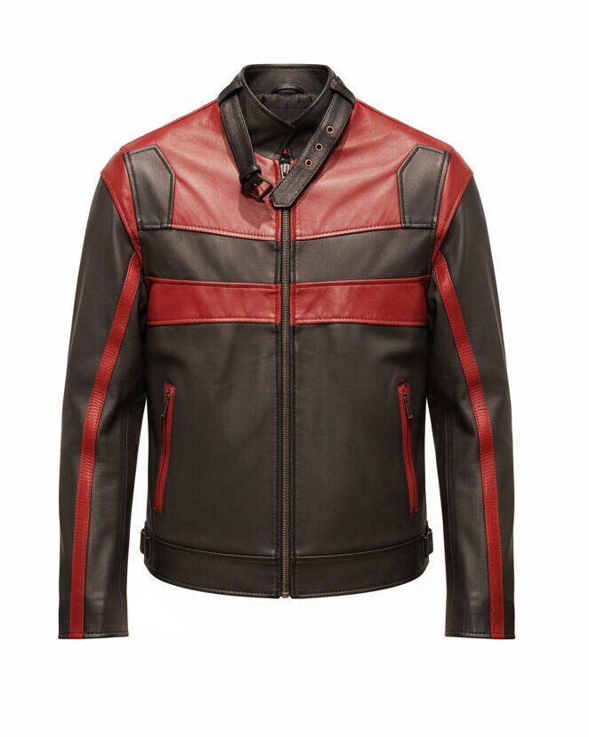 Pure leather handcrafted jacket with luxury sheep napa finish and bespoke design in black and red leather