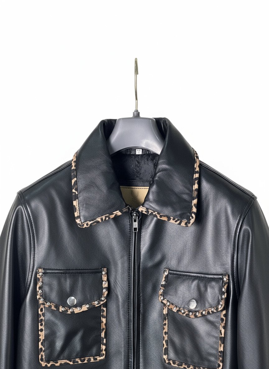 Sleeve detail with leopard print cuff on Mitch Luxury bespoke sheep napa leather jacket