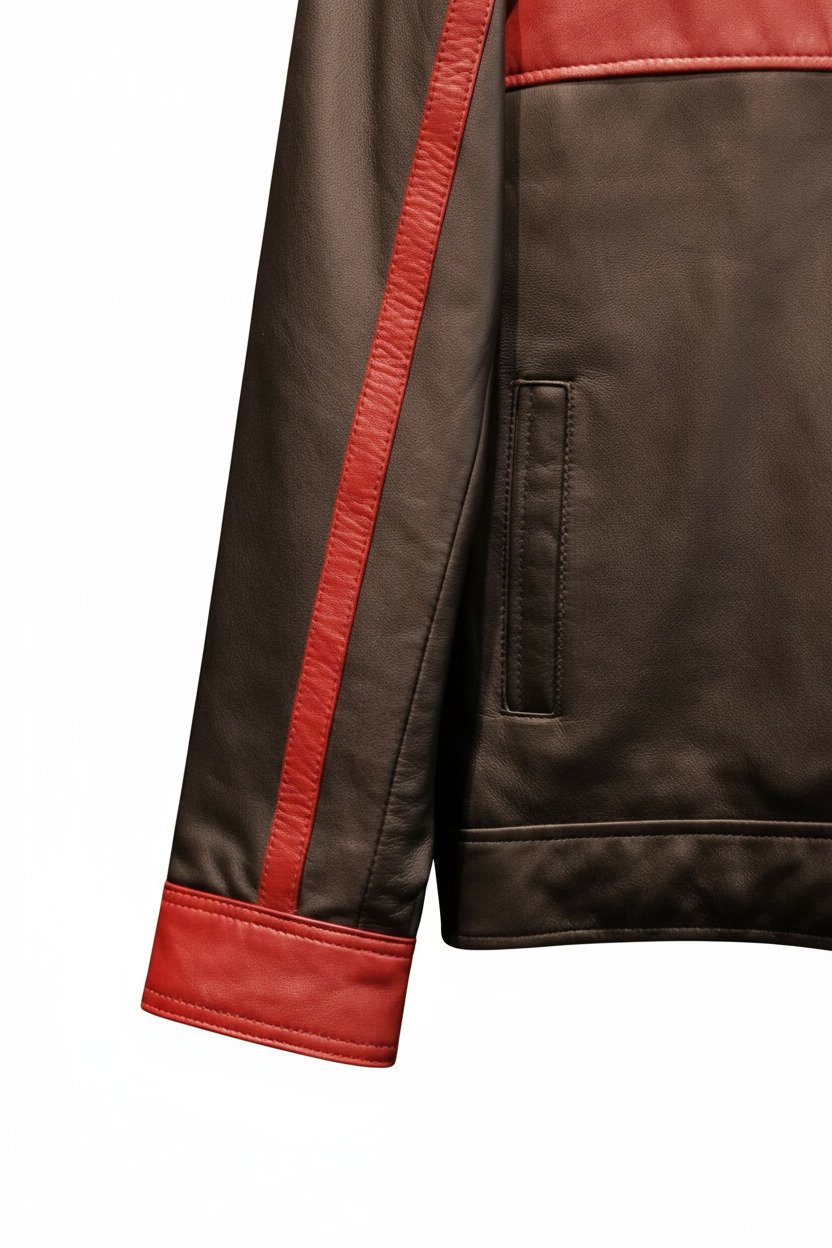 Pure leather handcrafted jacket with luxury sheep napa finish and bespoke design in black and red leather