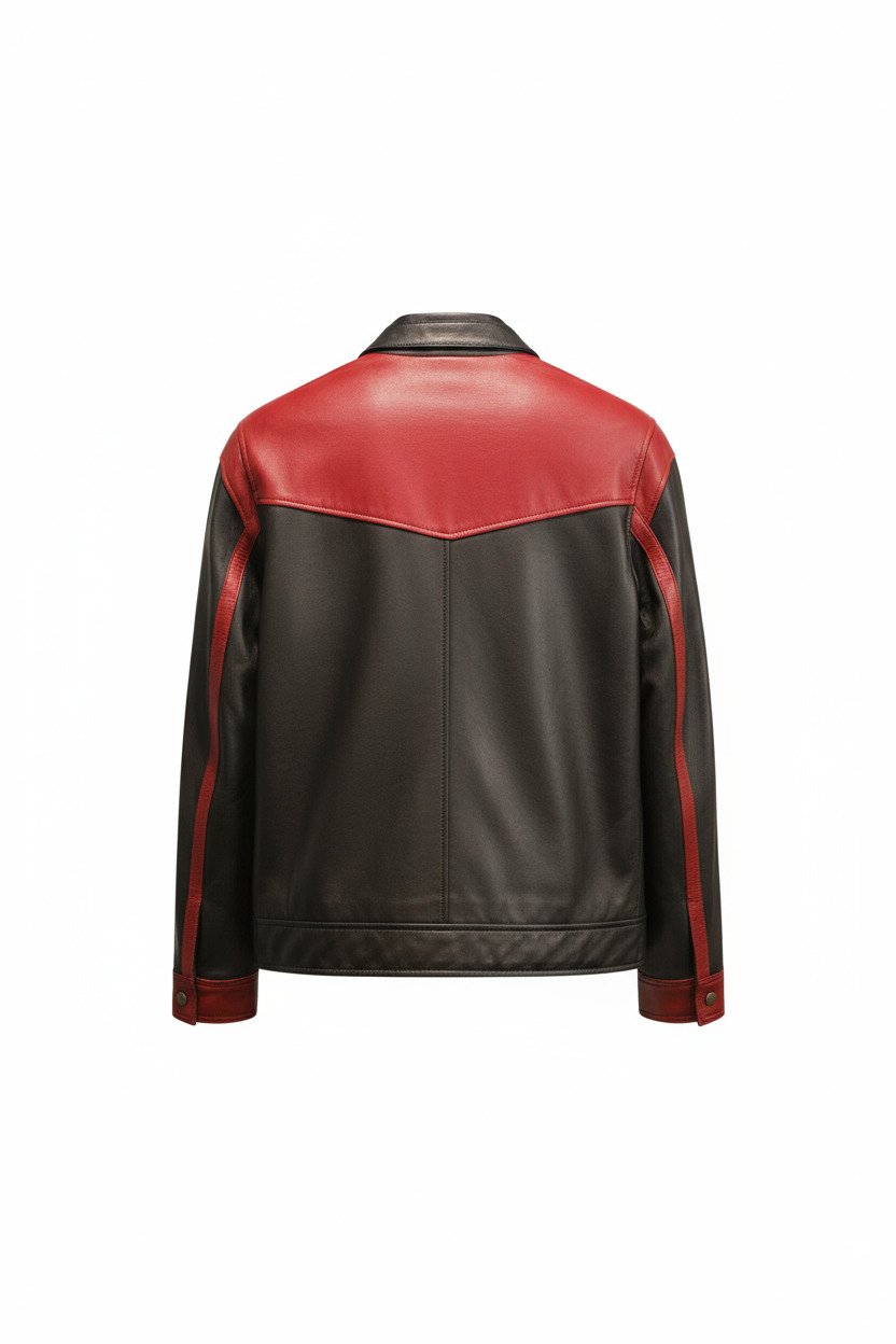 Pure leather handcrafted jacket with luxury sheep napa finish and bespoke design in black and red leather
