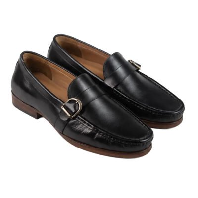 Oasis Black Loafers for men with silver buckle and premium leather finish