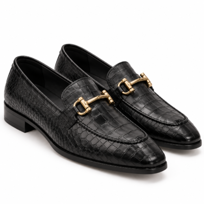 Fiero Black Croc Leather Loafers for Men with Gold Buckle