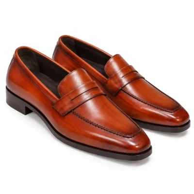 Tan Verona Loafers handmade leather penny loafers for men front angle view
