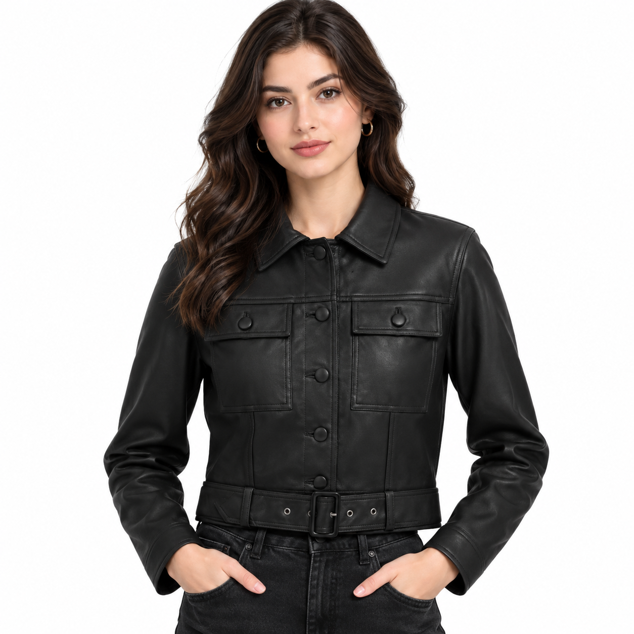 Noir Sculpt Pure Leather Jacket women wear view