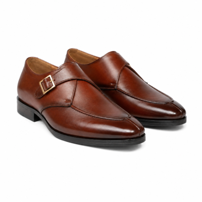 Tan brown handcrafted pure leather single monk shoe with buckle strap, metal toe detail, and leather sole by Shoe Bespoke.