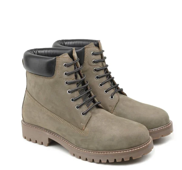Grey nubuck leather handcrafted lace-up boots with padded black collar and durable rubber sole by Shoe Bespoke