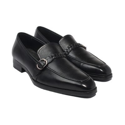 Black handcrafted leather loafers with braided strap and buckle detail, featuring leather sole by Shoe Bespoke.