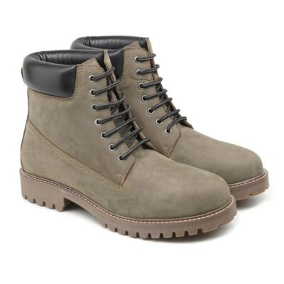 Grey nubuck leather handcrafted lace-up boots with padded black collar and durable rubber sole by Shoe Bespoke