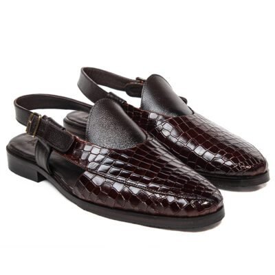Brown croc-textured handcrafted ethnic sandal with slingback strap and premium wood sole by Shoe Bespoke.