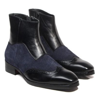 Black and navy handcrafted wingtip boot with premium pure leather, suede detailing, side zipper, and handcrafted wood sole by Shoe Bespoke.