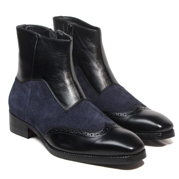 Black and navy handcrafted wingtip boot with premium pure leather, suede detailing, side zipper, and handcrafted wood sole by Shoe Bespoke.