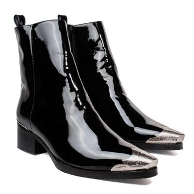 Black patent leather cowboy boot with engraved metal toe and heel detailing, side zipper, glossy finish, and handcrafted wood sole by Shoe Bespoke.