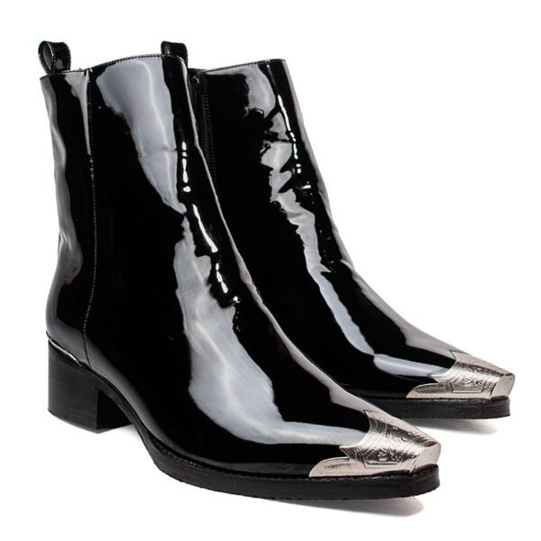 Black patent leather cowboy boot with engraved metal toe and heel detailing, side zipper, glossy finish, and handcrafted wood sole by Shoe Bespoke.