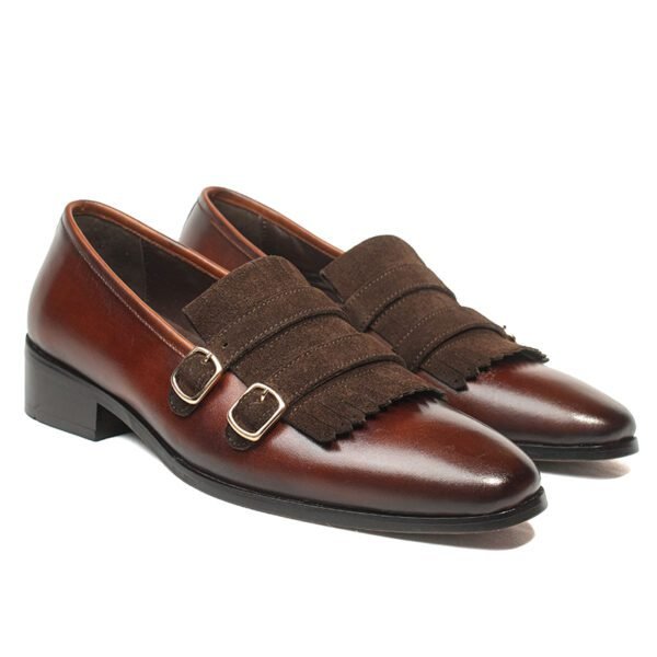 Briston Brown Monkstrap by Shoe Bespoke featuring handcrafted pure leather, suede fringe detailing, double monk straps, and premium wood sole in brown finish.