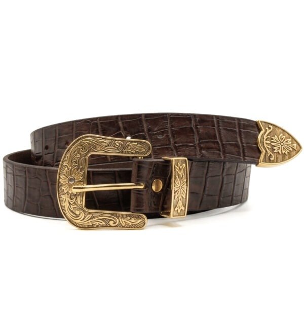 Brown-white croc texture pure leather cowboy belt with engraved antique gold buckle by Mitch Luxury.