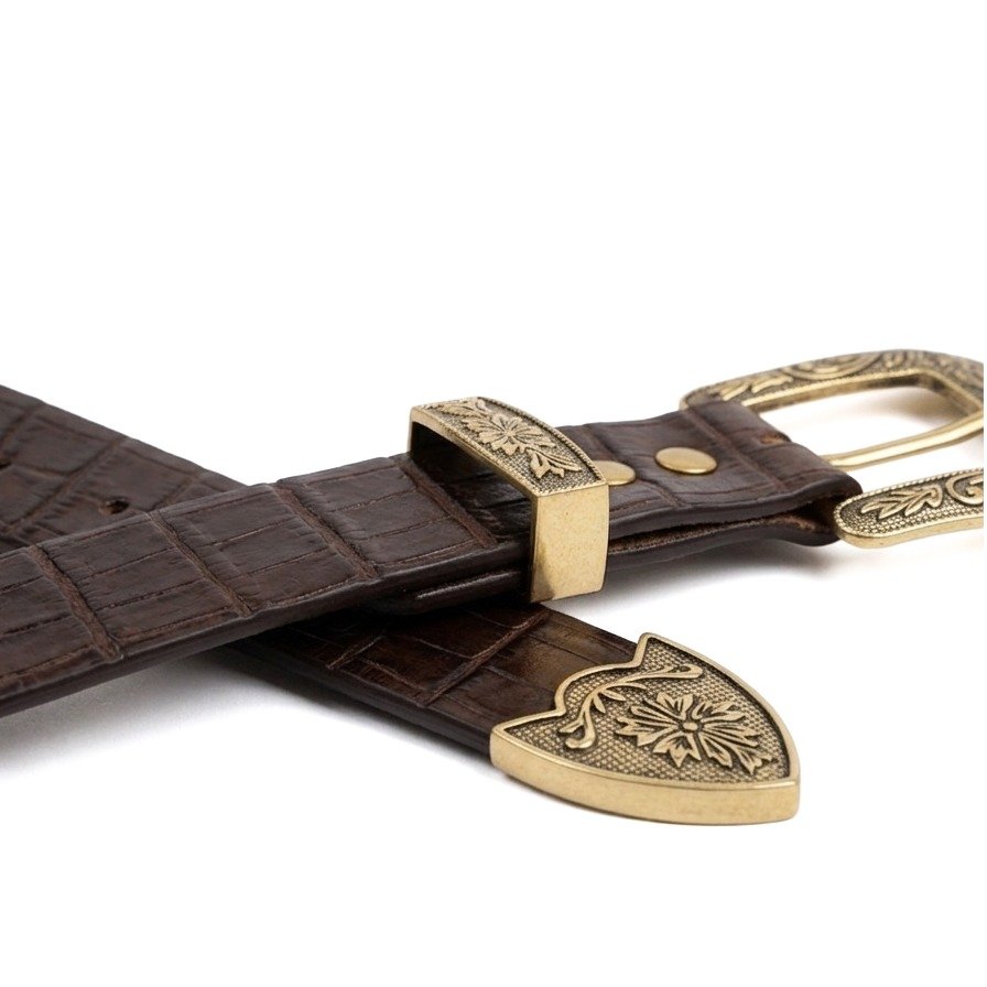 Brown-white croc texture pure leather cowboy belt with engraved antique gold buckle by Mitch Luxury.