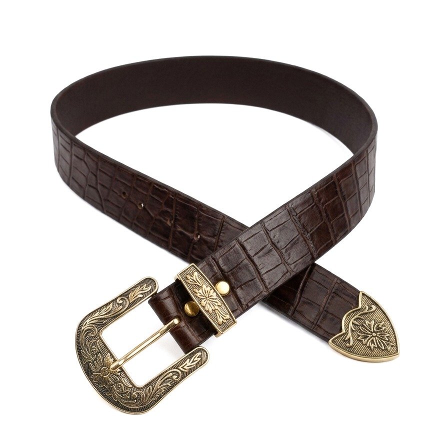 Brown-white croc texture pure leather cowboy belt with engraved antique gold buckle by Mitch Luxury.