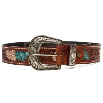 Brown-white pure leather cowboy belt with feather detailing and engraved antique silver buckle by Mitch Luxury.