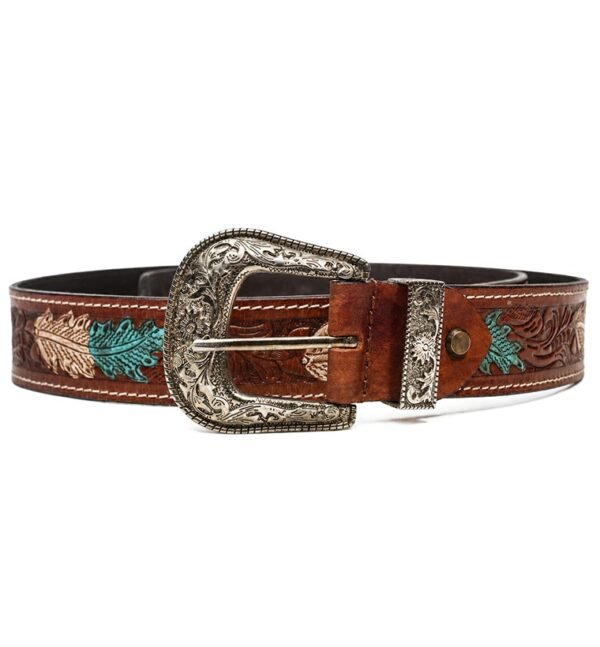 Brown-white pure leather cowboy belt with feather detailing and engraved antique silver buckle by Mitch Luxury.
