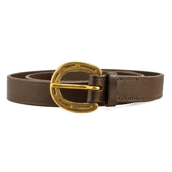Premium brown pure leather Horse Shoe Belt with a brass horseshoe buckle on a white background by Mitch Luxury.