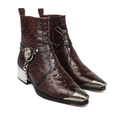 Lion Ostrich Engraved Tip Chelsea Boot by Shoe Bespoke in dark brown handcrafted calf leather with ostrich texture, engraved metal toe caps, detachable lion chain harness, metal-plated heels, and carved wooden soles.
