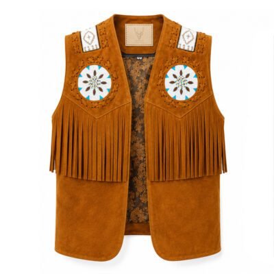 Legacy suede leather fringe vest with handcrafted beadwork, western-style shoulder panels, and paisley lining.
