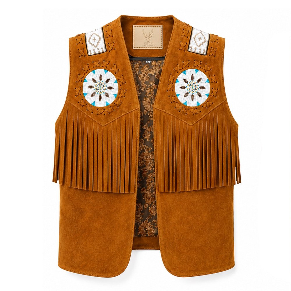 Legacy suede leather fringe vest with handcrafted beadwork, western-style shoulder panels, and paisley lining.