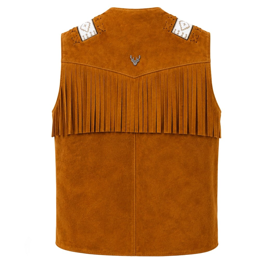 Back view of Legacy suede fringe vest featuring western yoke design, decorative fringe, and premium suede leather.
