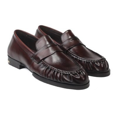 Ventura Dark Brown Loafer with Engraved Back Metal by Shoe Bespoke handcrafted in pure calf leather with wood sole.