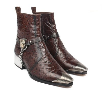 Lion Ostrich Engraved Tip Chelsea Boot by Shoe Bespoke in dark brown handcrafted calf leather with ostrich texture, engraved metal toe caps, detachable lion chain harness, metal-plated heels, and carved wooden soles.