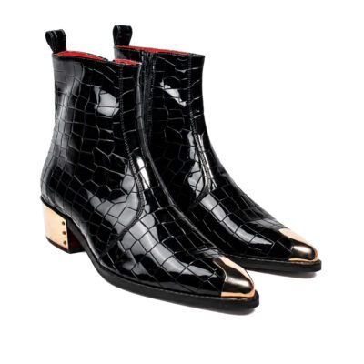 Russel Croc Patent Leather with Metal Toe Boot by Shoe Bespoke in black patent croc leather with gold metal toe and wood sole.