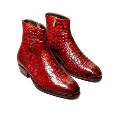 Red Dynasty Chelsea Boot by Shoe Bespoke in premium croc-textured calf leather with handcrafted wood sole.