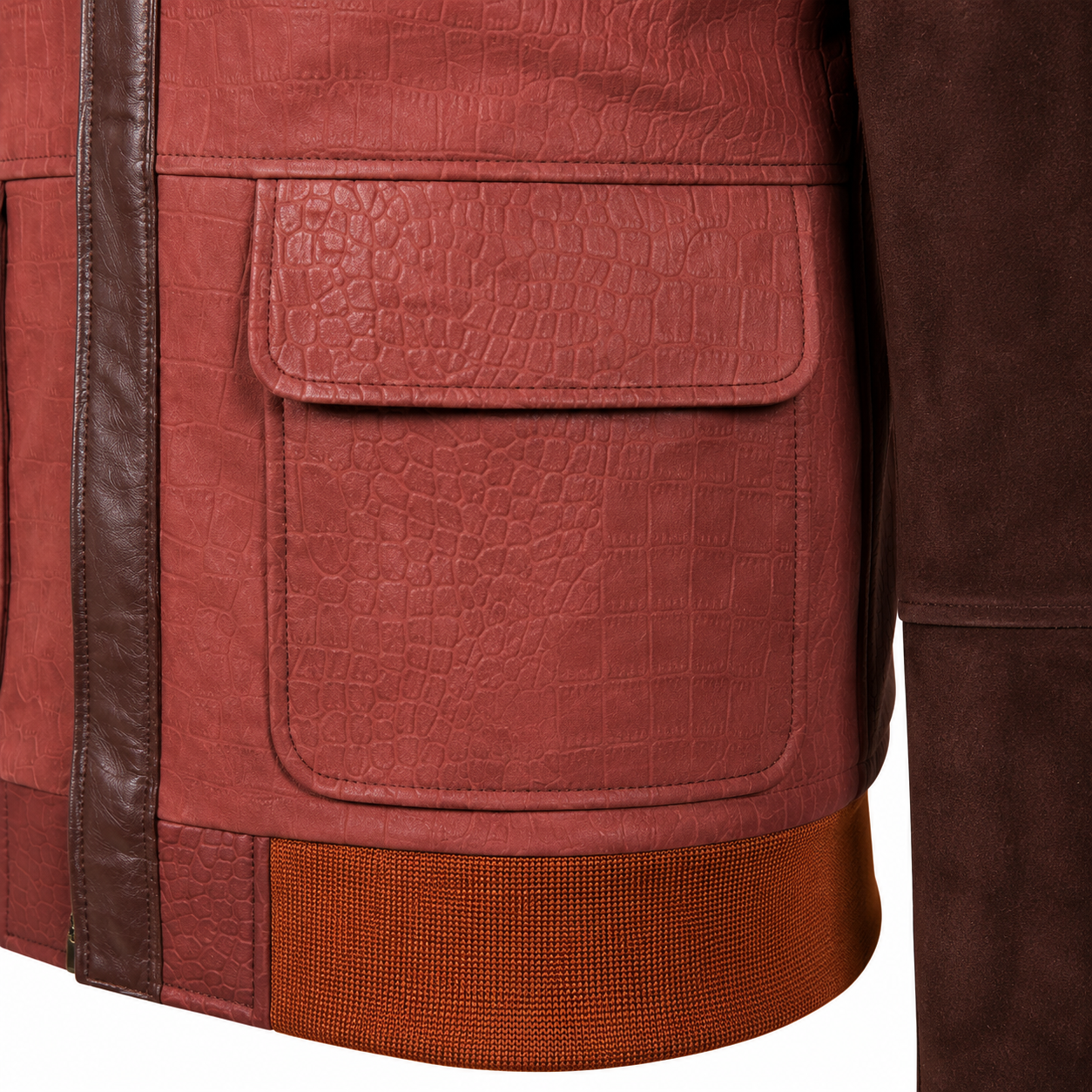 Chestnut Croc Suede Aviator Jacket by Mitch Luxury handcrafted from premium suede leather with a crocodile-embossed suede front and plain suede leather sleeves.